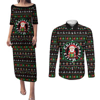 Gift For Merry Christmas Couples Matching Puletasi and Long Sleeve Button Shirt with Santa Claus and Holiday Icons Pattern - Wonder Print Shop