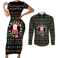 Gift For Merry Christmas Couples Matching Short Sleeve Bodycon Dress and Long Sleeve Button Shirt with Santa Claus and Holiday Icons Pattern - Wonder Print Shop