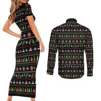 Gift For Merry Christmas Couples Matching Short Sleeve Bodycon Dress and Long Sleeve Button Shirt with Santa Claus and Holiday Icons Pattern - Wonder Print Shop