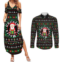 Gift For Merry Christmas Couples Matching Summer Maxi Dress and Long Sleeve Button Shirt with Santa Claus and Holiday Icons Pattern - Wonder Print Shop