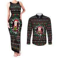 Gift For Merry Christmas Couples Matching Tank Maxi Dress and Long Sleeve Button Shirt with Santa Claus and Holiday Icons Pattern - Wonder Print Shop
