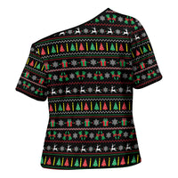 Gift For Merry Christmas Cross Shoulder Shirt with Santa Claus and Holiday Icons Pattern - Wonder Print Shop