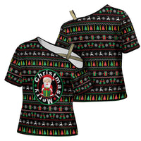 Gift For Merry Christmas Cross Shoulder Shirt with Santa Claus and Holiday Icons Pattern - Wonder Print Shop
