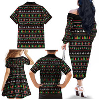 Gift For Merry Christmas Family Matching Off The Shoulder Long Sleeve Dress and Hawaiian Shirt with Santa Claus and Holiday Icons Pattern - Wonder Print Shop