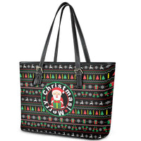 Gift For Merry Christmas Leather Tote Bag with Santa Claus and Holiday Icons Pattern - Wonder Print Shop