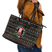 Gift For Merry Christmas Leather Tote Bag with Santa Claus and Holiday Icons Pattern - Wonder Print Shop