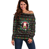 Gift For Merry Christmas Off Shoulder Sweater with Santa Claus and Holiday Icons Pattern - Wonder Print Shop