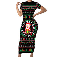 Gift For Merry Christmas Short Sleeve Bodycon Dress with Santa Claus and Holiday Icons Pattern - undefined