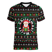 Gift For Merry Christmas Women V-Neck T-Shirt with Santa Claus and Holiday Icons Pattern - Wonder Print Shop