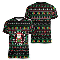 Gift For Merry Christmas Women V-Neck T-Shirt with Santa Claus and Holiday Icons Pattern - Wonder Print Shop