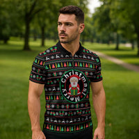 Gift For Merry Christmas Zipper Polo Shirt with Santa Claus and Holiday Icons Pattern - Wonder Print Shop