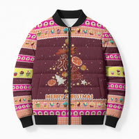 Christmas Cookie Bomber Puffer Jacket with Gingerbread Tree Candy Ornaments and Sweet Treat Pattern - Wonder Print Shop