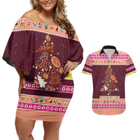 Christmas Cookie Couples Matching Off Shoulder Short Dress and Hawaiian Shirt with Gingerbread Tree Candy Ornaments and Sweet Treat Pattern - Wonder Print Shop