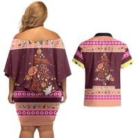 Christmas Cookie Couples Matching Off Shoulder Short Dress and Hawaiian Shirt with Gingerbread Tree Candy Ornaments and Sweet Treat Pattern - Wonder Print Shop