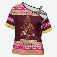 Christmas Cookie Cross Shoulder Shirt with Gingerbread Tree Candy Ornaments and Sweet Treat Pattern - Wonder Print Shop