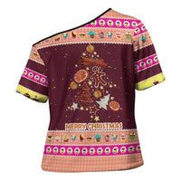 Christmas Cookie Cross Shoulder Shirt with Gingerbread Tree Candy Ornaments and Sweet Treat Pattern - Wonder Print Shop