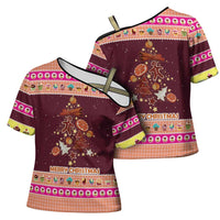 Christmas Cookie Cross Shoulder Shirt with Gingerbread Tree Candy Ornaments and Sweet Treat Pattern - Wonder Print Shop