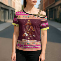 Christmas Cookie Cross Shoulder Shirt with Gingerbread Tree Candy Ornaments and Sweet Treat Pattern - Wonder Print Shop