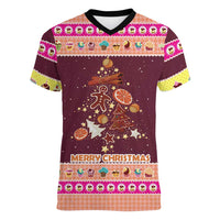 Christmas Cookie Women V-Neck T-Shirt with Gingerbread Tree Candy Ornaments and Sweet Treat Pattern - Wonder Print Shop