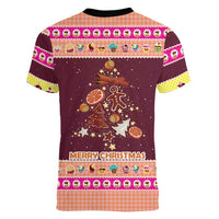 Christmas Cookie Women V-Neck T-Shirt with Gingerbread Tree Candy Ornaments and Sweet Treat Pattern - Wonder Print Shop