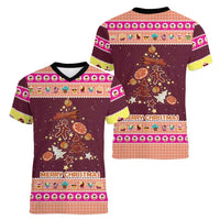 Christmas Cookie Women V-Neck T-Shirt with Gingerbread Tree Candy Ornaments and Sweet Treat Pattern - Wonder Print Shop