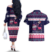 Flamingo I Am The Reason Santa Has A Naughty Christmas Couples Matching Off The Shoulder Long Sleeve Dress and Hawaiian Shirt Xmas Holiday Patterns - Wonder Print Shop