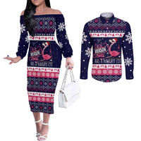Flamingo I Am The Reason Santa Has A Naughty Christmas Couples Matching Off The Shoulder Long Sleeve Dress and Long Sleeve Button Shirt Xmas Holiday Patterns - Wonder Print Shop