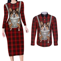 Front Carrier Dog Pembroke Welsh Corgi Christmas Couples Matching Long Sleeve Bodycon Dress and Long Sleeve Button Shirt Xmas Holiday Patterns - Wonder Print Shop
