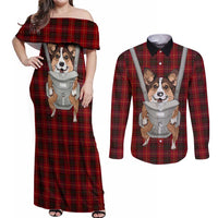 Front Carrier Dog Pembroke Welsh Corgi Christmas Couples Matching Off Shoulder Maxi Dress and Long Sleeve Button Shirt Xmas Holiday Patterns - Wonder Print Shop
