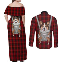Front Carrier Dog Pembroke Welsh Corgi Christmas Couples Matching Off Shoulder Maxi Dress and Long Sleeve Button Shirt Xmas Holiday Patterns - Wonder Print Shop
