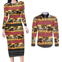Horse Native American Pattern Christmas Christmas Couples Matching Long Sleeve Bodycon Dress and Long Sleeve Button Shirt Xmas Holiday Patterns - Wonder Print Shop