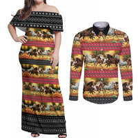 Horse Native American Pattern Christmas Christmas Couples Matching Off Shoulder Maxi Dress and Long Sleeve Button Shirt Xmas Holiday Patterns - Wonder Print Shop