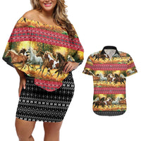 Horse Native American Pattern Christmas Christmas Couples Matching Off Shoulder Short Dress and Hawaiian Shirt Xmas Holiday Patterns - Wonder Print Shop