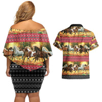 Horse Native American Pattern Christmas Christmas Couples Matching Off Shoulder Short Dress and Hawaiian Shirt Xmas Holiday Patterns - Wonder Print Shop