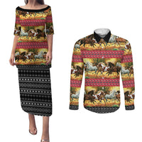 Horse Native American Pattern Christmas Christmas Couples Matching Puletasi and Long Sleeve Button Shirt Xmas Holiday Patterns - Wonder Print Shop