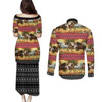 Horse Native American Pattern Christmas Christmas Couples Matching Puletasi and Long Sleeve Button Shirt Xmas Holiday Patterns - Wonder Print Shop