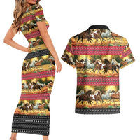 Horse Native American Pattern Christmas Christmas Couples Matching Short Sleeve Bodycon Dress and Hawaiian Shirt Xmas Holiday Patterns - Wonder Print Shop