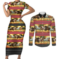 Horse Native American Pattern Christmas Christmas Couples Matching Short Sleeve Bodycon Dress and Long Sleeve Button Shirt Xmas Holiday Patterns - Wonder Print Shop