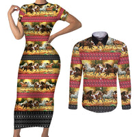 Horse Native American Pattern Christmas Christmas Couples Matching Short Sleeve Bodycon Dress and Long Sleeve Button Shirt Xmas Holiday Patterns - Wonder Print Shop