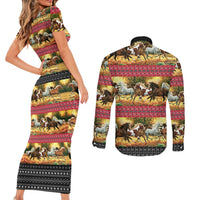 Horse Native American Pattern Christmas Christmas Couples Matching Short Sleeve Bodycon Dress and Long Sleeve Button Shirt Xmas Holiday Patterns - Wonder Print Shop