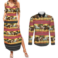 Horse Native American Pattern Christmas Christmas Couples Matching Summer Maxi Dress and Long Sleeve Button Shirt Xmas Holiday Patterns - Wonder Print Shop