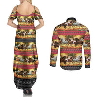 Horse Native American Pattern Christmas Christmas Couples Matching Summer Maxi Dress and Long Sleeve Button Shirt Xmas Holiday Patterns - Wonder Print Shop