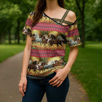 Horse Native American Pattern Christmas Christmas Cross Shoulder Shirt Xmas Holiday Patterns - undefined