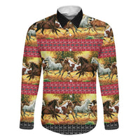 Horse Native American Pattern Christmas Christmas Family Matching Off The Shoulder Long Sleeve Dress and Hawaiian Shirt Xmas Holiday Patterns - Wonder Print Shop
