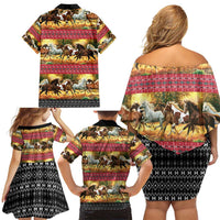 Horse Native American Pattern Christmas Christmas Family Matching Off Shoulder Short Dress and Hawaiian Shirt Xmas Holiday Patterns - Wonder Print Shop
