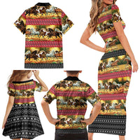 Horse Native American Pattern Christmas Christmas Family Matching Short Sleeve Bodycon Dress and Hawaiian Shirt Xmas Holiday Patterns - Wonder Print Shop
