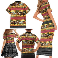 Horse Native American Pattern Christmas Christmas Family Matching Short Sleeve Bodycon Dress and Hawaiian Shirt Xmas Holiday Patterns - Wonder Print Shop