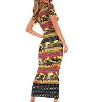 Horse Native American Pattern Christmas Christmas Family Matching Short Sleeve Bodycon Dress and Hawaiian Shirt Xmas Holiday Patterns - Wonder Print Shop