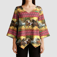 Horse Native American Pattern Christmas Christmas Kimono Sleeve Blouse Xmas Holiday Patterns - Wonder Print Shop