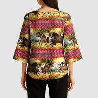 Horse Native American Pattern Christmas Christmas Kimono Sleeve Blouse Xmas Holiday Patterns - Wonder Print Shop